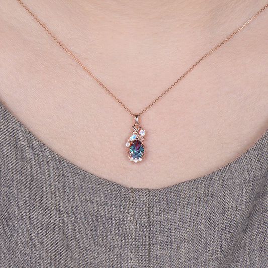 Floral Firework Cut Alexandrite Necklace 1.25CT Pear Shaped Alexandrite Moonstone Pendant