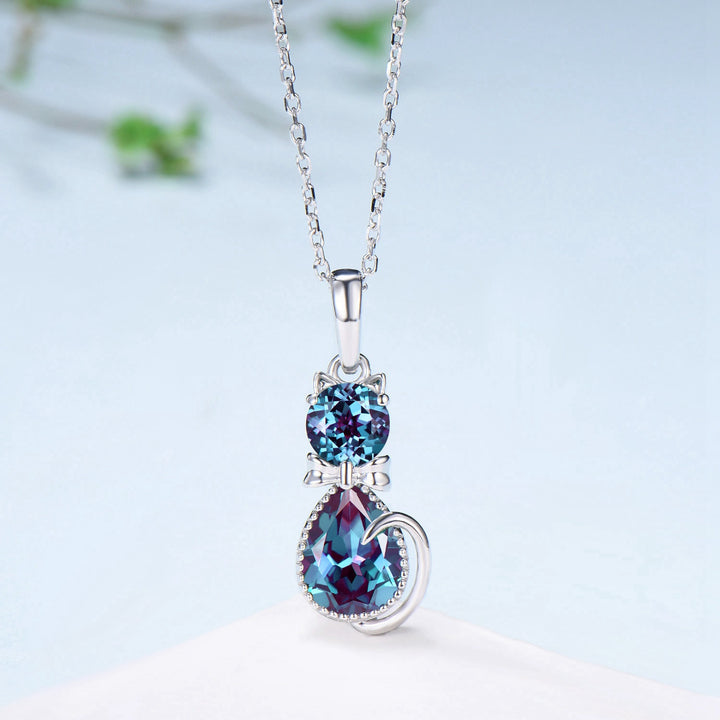 Dainty cat alexandrite necklace cute silver white gold bow-knot pendant necklace unique personalized Cat's Paw anniversary gift for daughter - PENFINE