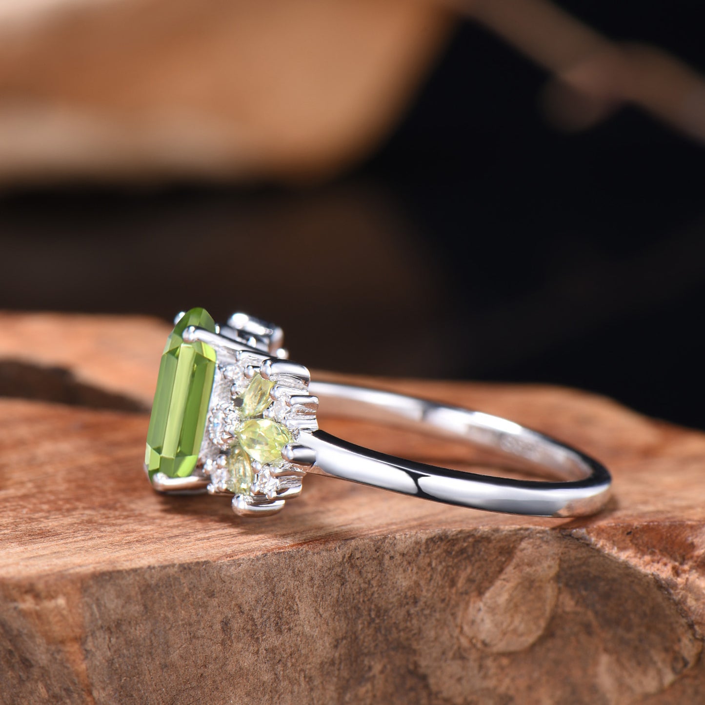 Vintage Art Deco Peridot Engagement Ring, Marquise Moissanite Accent