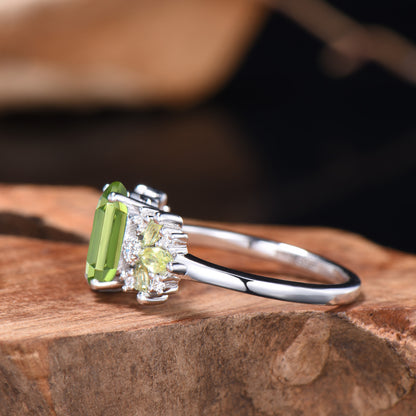 Vintage Art Deco Peridot Engagement Ring, Marquise Moissanite Accent