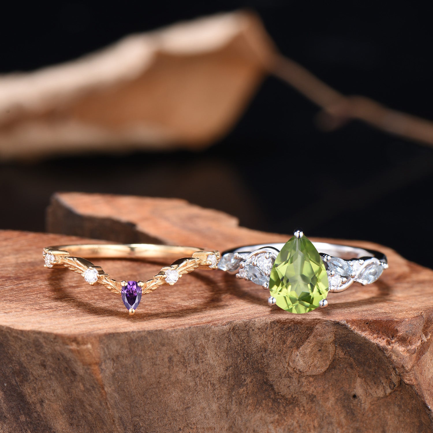 Pear Cut Peridot Engagement Ring Set Nature Inspired Gold Leaf Twig Bridal Set