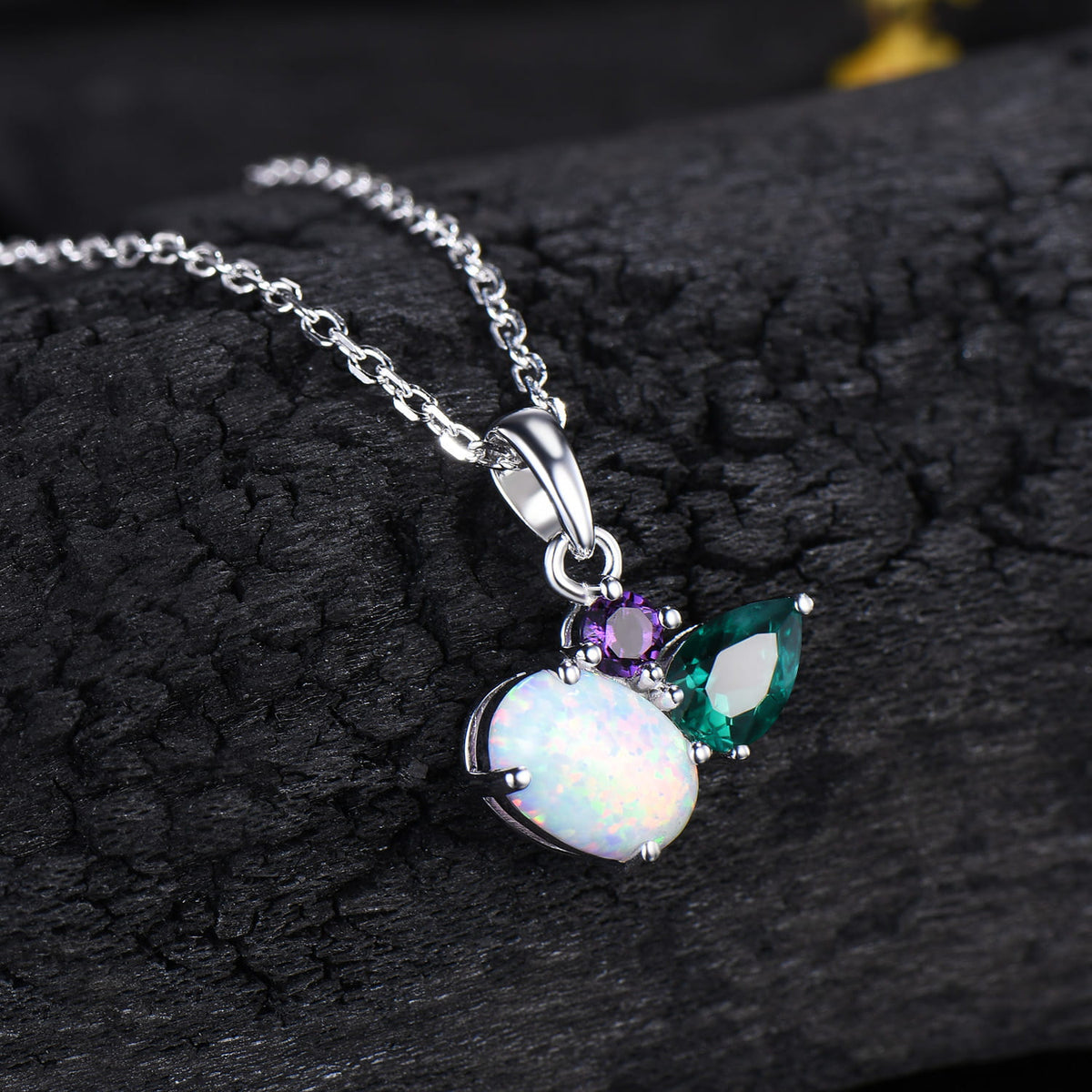 Minimalist Oval Opal Amethyst Emerald Pendant,Three Stone Drop Necklace