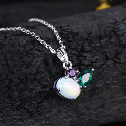 Minimalist Oval Opal Amethyst Emerald Pendant,Three Stone Drop Necklace
