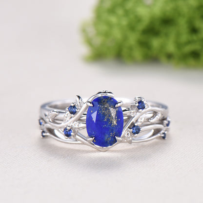 Nature Inspired Lapis Lazuli Wedding Ring Set Elegant Twig Engagement Ring Cluster Sapphire Branch Promise Ring Blue Stone Anniversary Ring - PENFINE