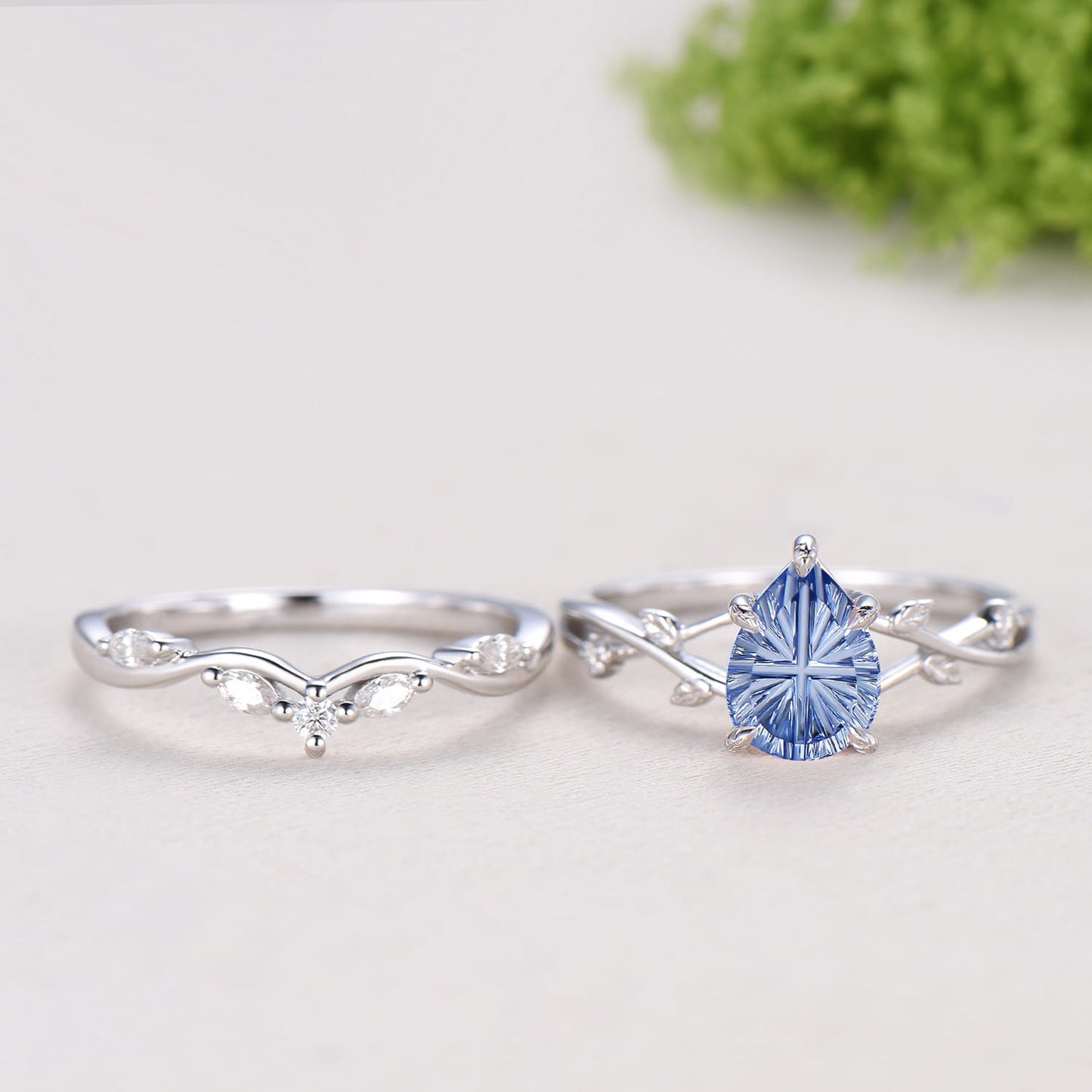 Cornflower Blue Lab Sapphire Engagement Ring Set | Pear Cut Starburst Twig Vine Wedding Set