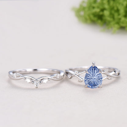 Cornflower Blue Lab Sapphire Engagement Ring Set | Pear Cut Starburst Twig Vine Wedding Set