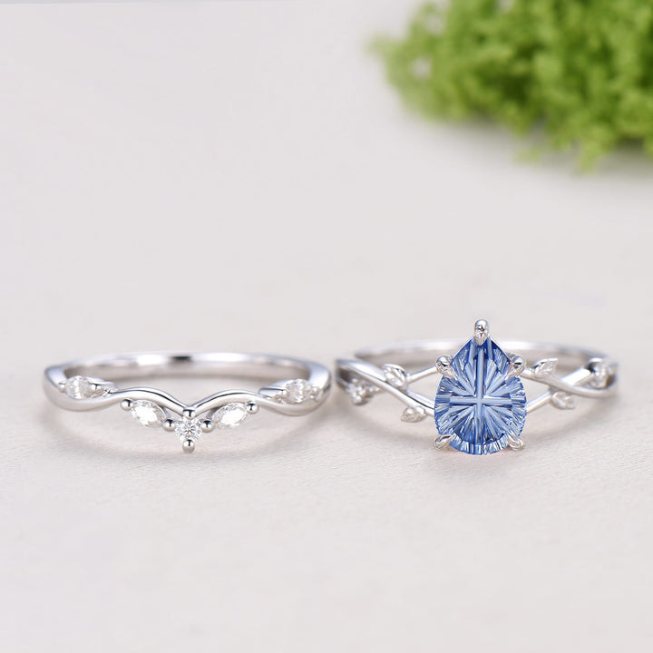 Cornflower Blue Lab Sapphire Engagement Ring Set | Pear Cut Starburst Twig Vine Wedding Set