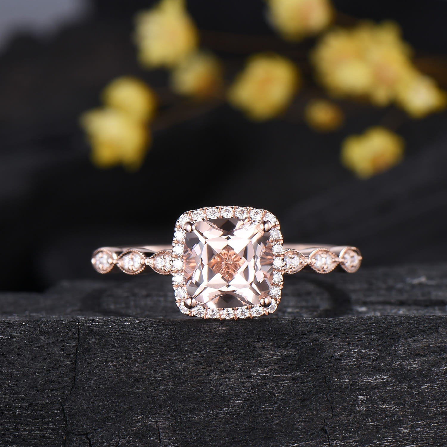 Cushion Cut Natural Morganite Engagement Ring Diamond Halo Bridal Set