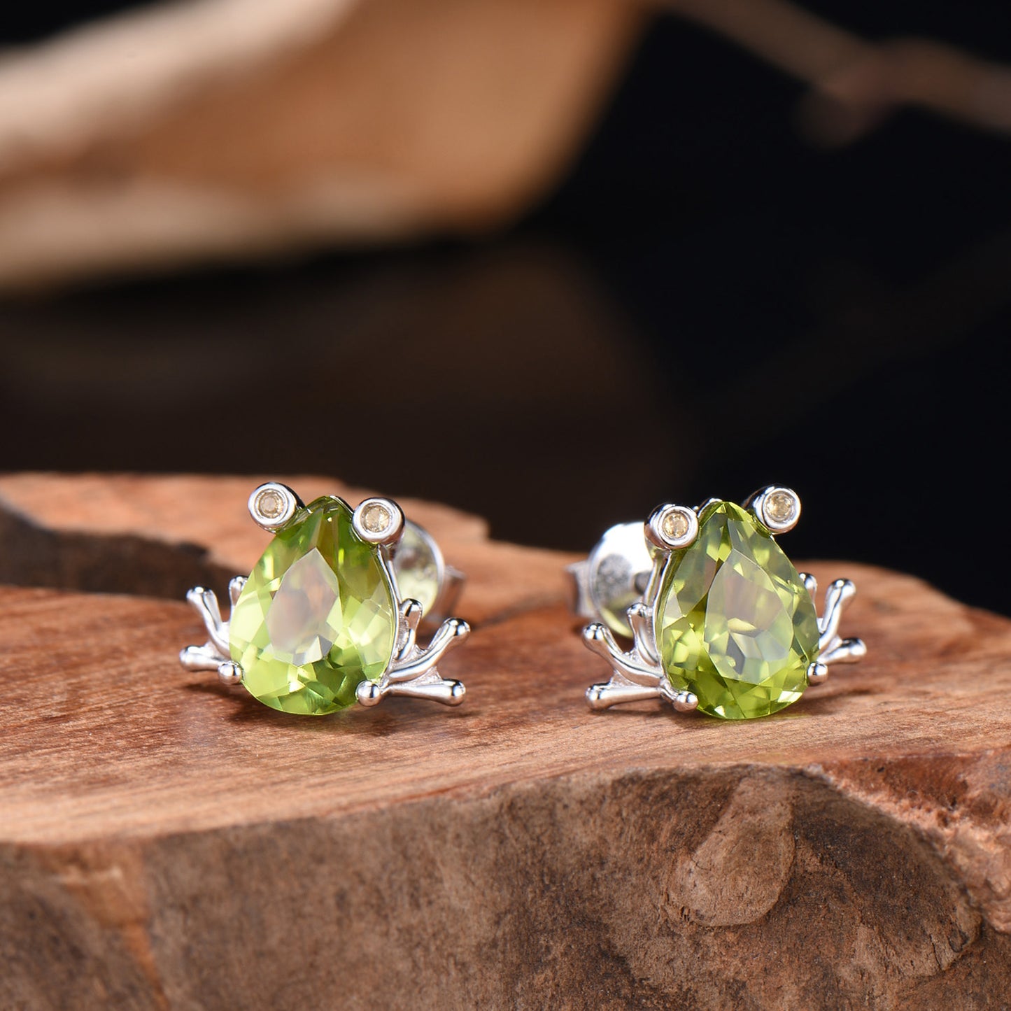 Pear Cut Peridot Frog Earrings, Citrine Accent, Gold Studs