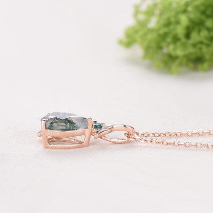 Natural Inspired Pear Shaped Moss Agate Pendant Necklace leaf branch emerald necklace silver rose gold green agate promise anniversary gifts