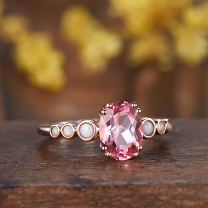 Oval Padparadscha Sapphire Ring with White Opal Band ¨C Engagement Bridal Ring