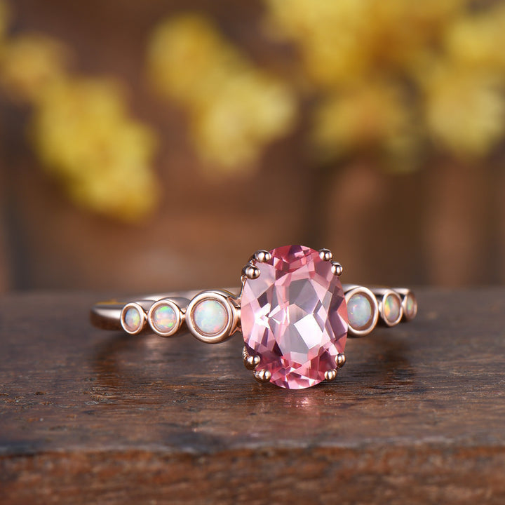 Oval Padparadscha Sapphire Ring with White Opal Band ¨C Engagement Bridal Ring