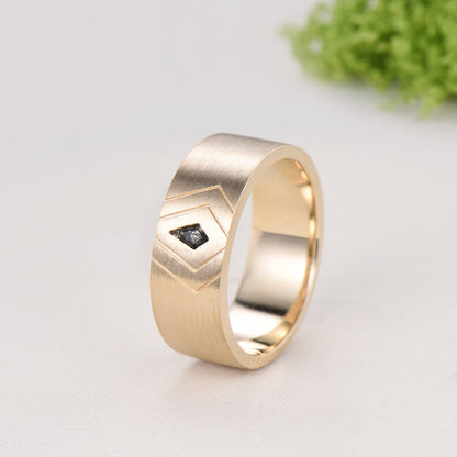 6mm Men's Ring Kite Cut Black Rutilated Quartz Brushed Finished Band Solitaire Wedding Ring Anniversary Band Gift For Men