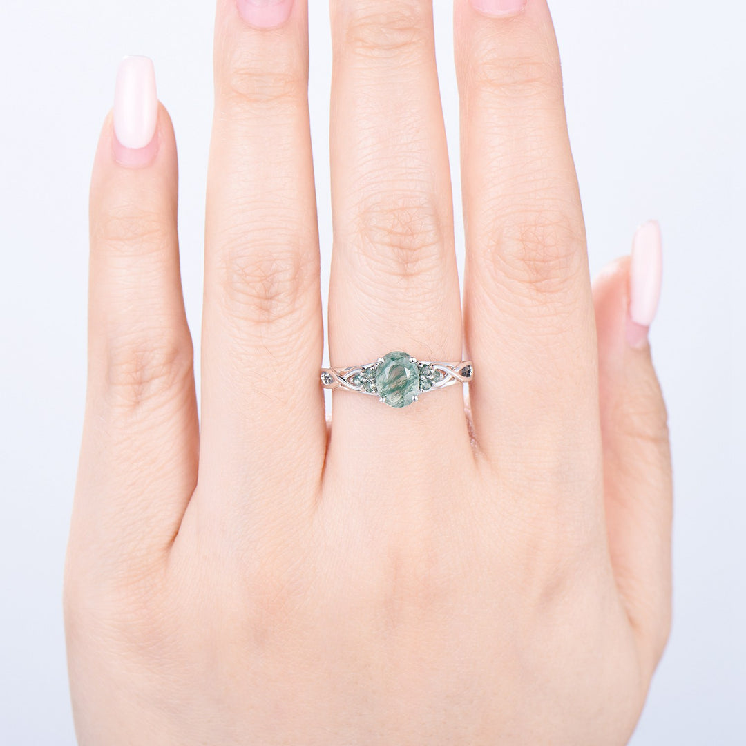 Celtic Knot Oval Natural Moss Agate Engagement Ring Solid 14K/18K White Gold Unique Infinity Ring Cluster Wedding Ring Anniversary gifts - PENFINE