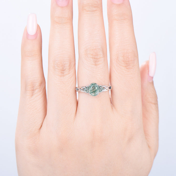 Celtic Knot Oval Natural Moss Agate Engagement Ring Solid 14K/18K White Gold Unique Infinity Ring Cluster Wedding Ring Anniversary gifts - PENFINE
