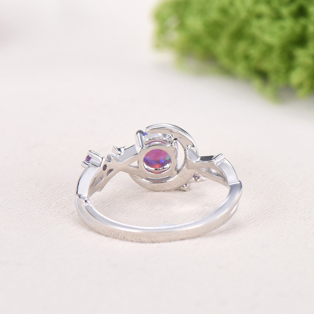 Dainty star purple opal ring 5mm round fire opal moon engagement ring elegant art deco wedding ring for women unique handmade proposal gift - PENFINE