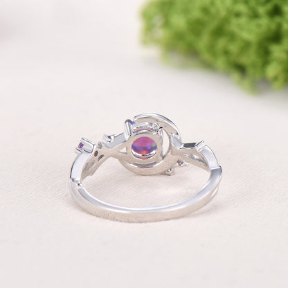 Dainty star purple opal ring 5mm round fire opal moon engagement ring elegant art deco wedding ring for women unique handmade proposal gift - PENFINE