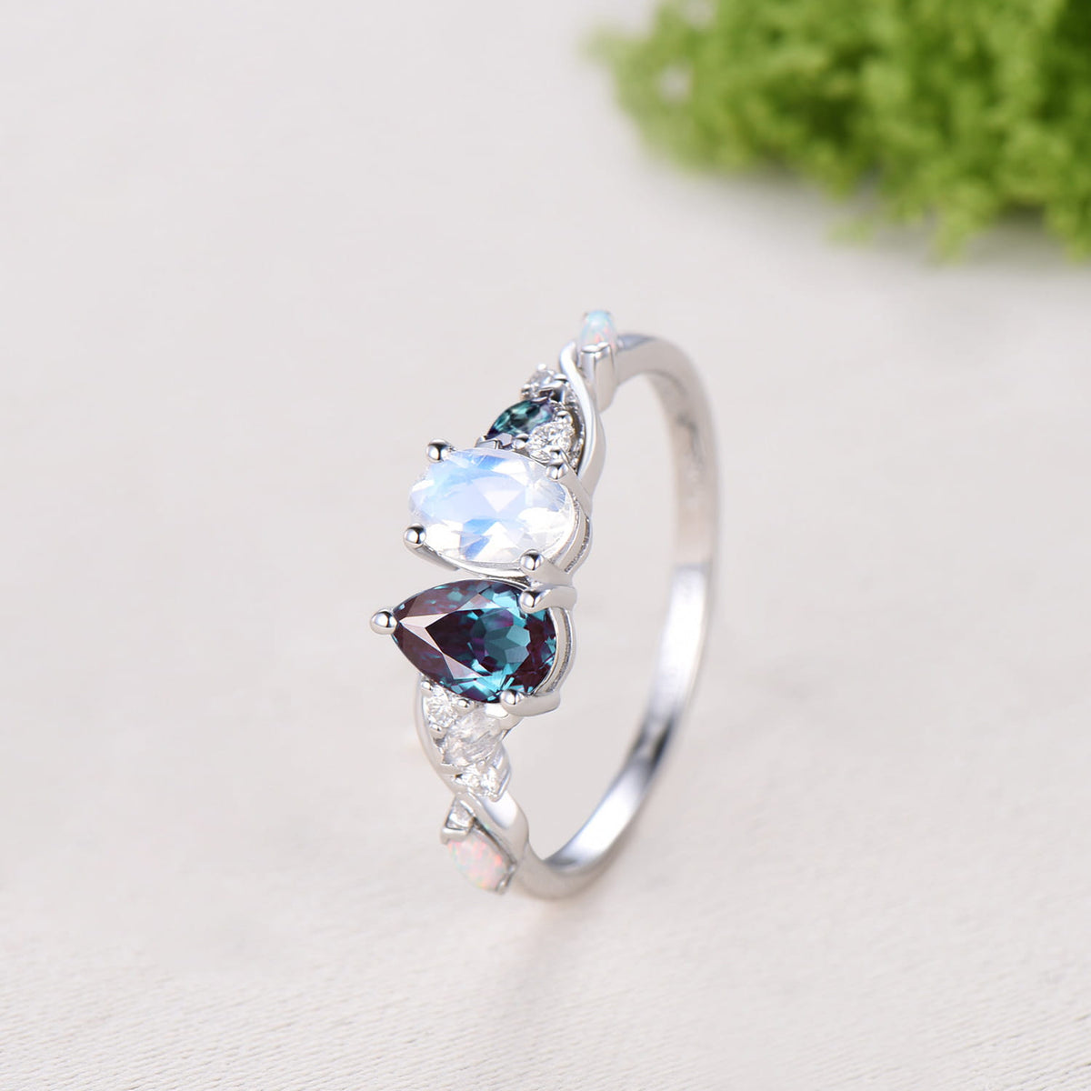 Toi et Moi Moonstone & Alexandrite Engagement Ring | Pear and Oval Cut