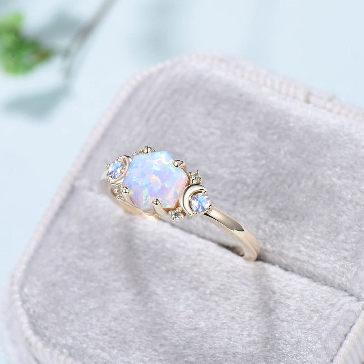 Vintage Moon Opal Engagement Ring Yellow Gold Unique Hexagon Fire Opal Promise Ring For Women Art Deco Cluster Monnstone Wedding Ring Gift - PENFINE