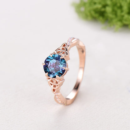 Celtic Knot Round Cut Alexandrite Engagement Ring Unique Norse Viking Fire Opal infinity Wedding Ring Spilt Shank Anniversary Promise Gifts