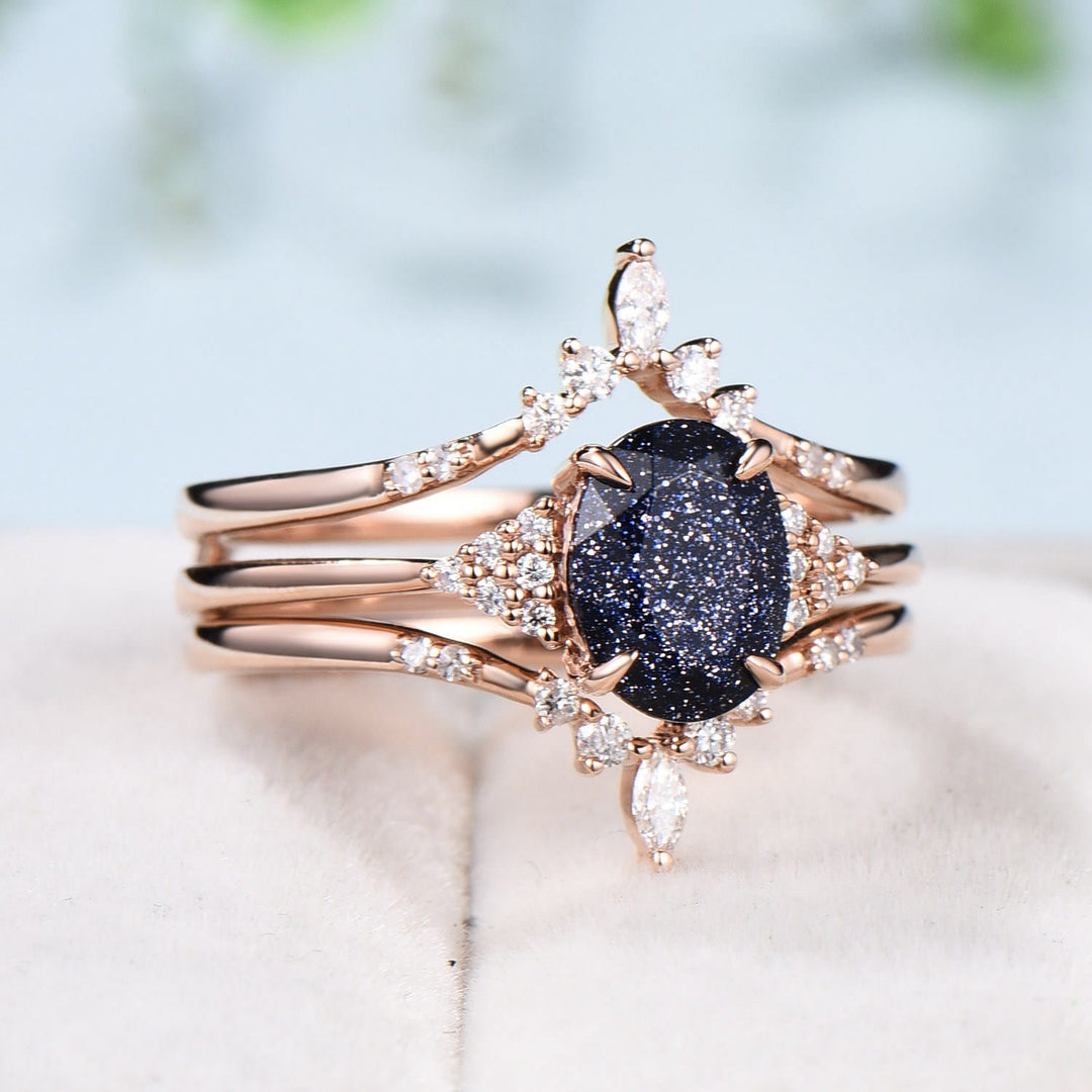 Unique Oval blue sandstone engagement ring set cluster moissanite  wedding ring set vintage double curved diamond stacking band for women - PENFINE