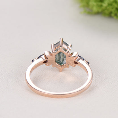 Long Hexagon Moss Agate Engagement Ring, Crescent Moon Blue Sandstone Band, Celestial Jewelry, Unique 14K Rose Gold Wedding Ring Set - PENFINE