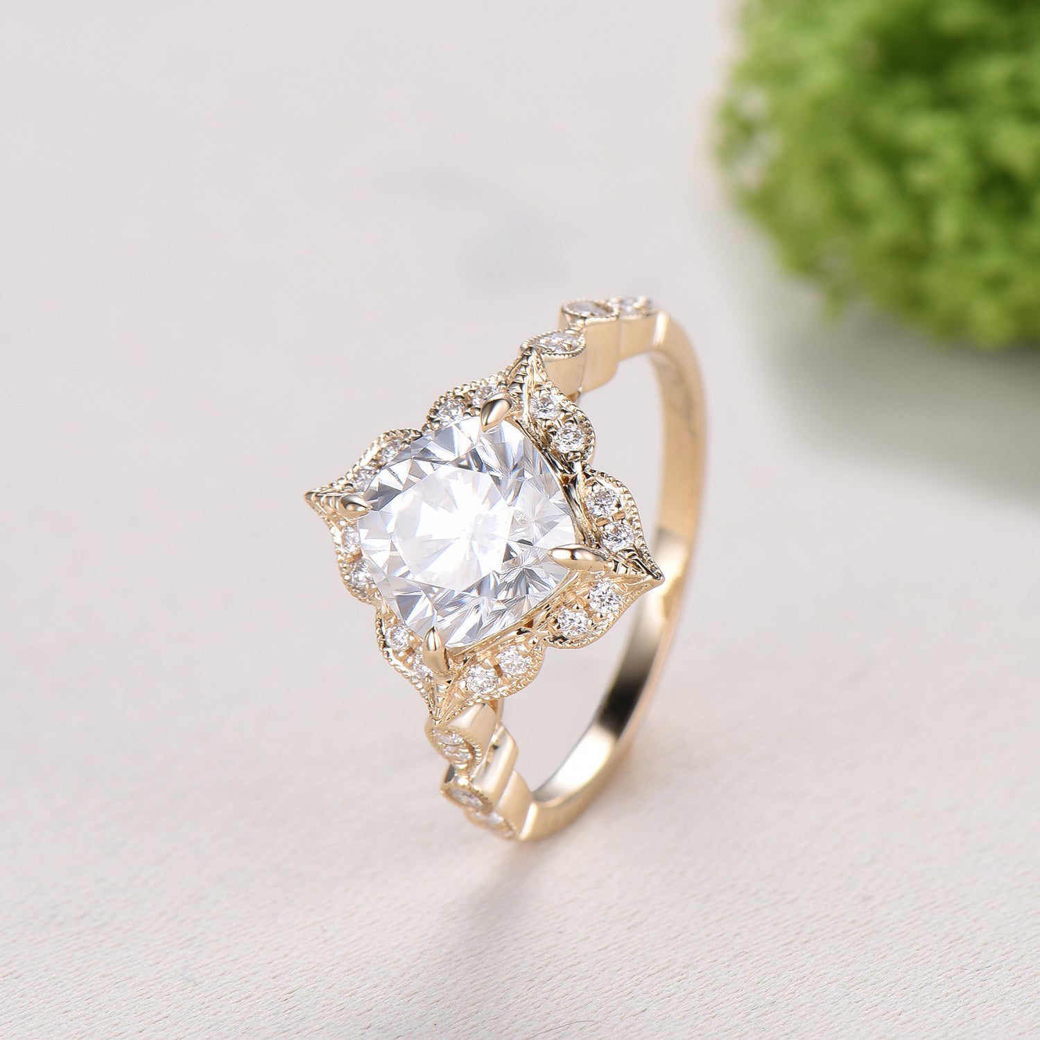 Art Deco Cushion Cut Moissanite Engagement Ring, 14K Yellow Gold Milgrain Marqusie Diamond Band - PENFINE
