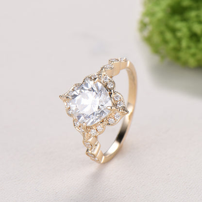 Art Deco Cushion Cut Moissanite Engagement Ring, 14K Yellow Gold Milgrain Marqusie Diamond Band - PENFINE