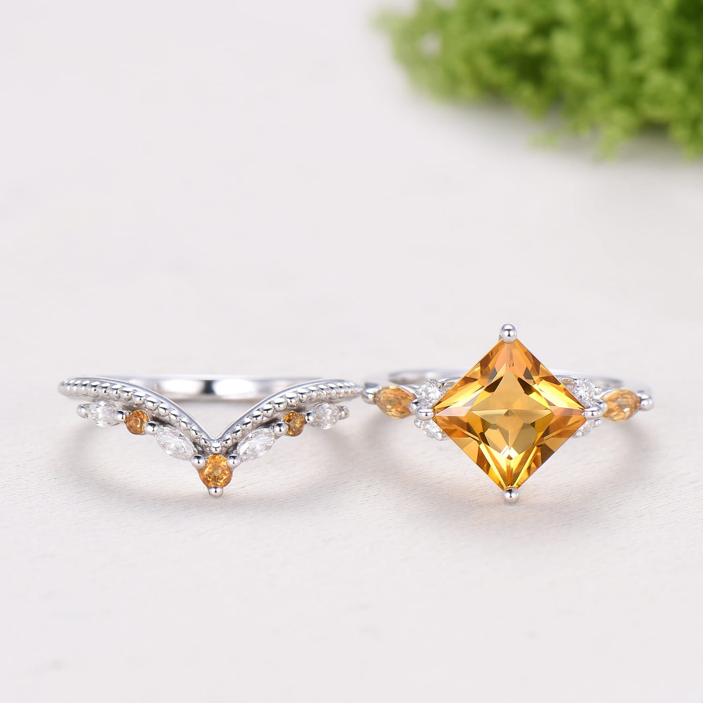 Unique Princess Cut Citrine Engagement Ring Set Vintage 14k Yellow Gold Sterling Silver November Birthstone Ring Art Deco Bridal Ring Set