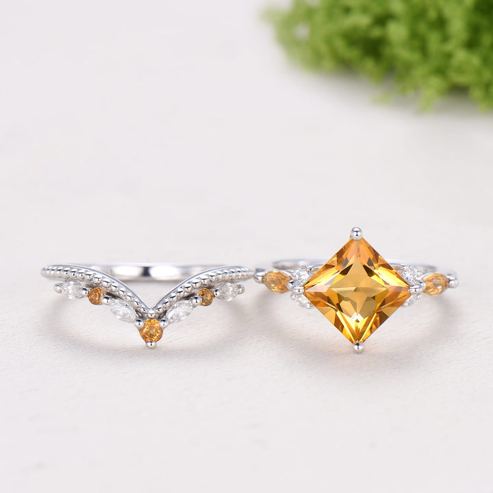 Unique Princess Cut Citrine Engagement Ring Set Vintage 14k Yellow Gold Sterling Silver November Birthstone Ring Art Deco Bridal Ring Set