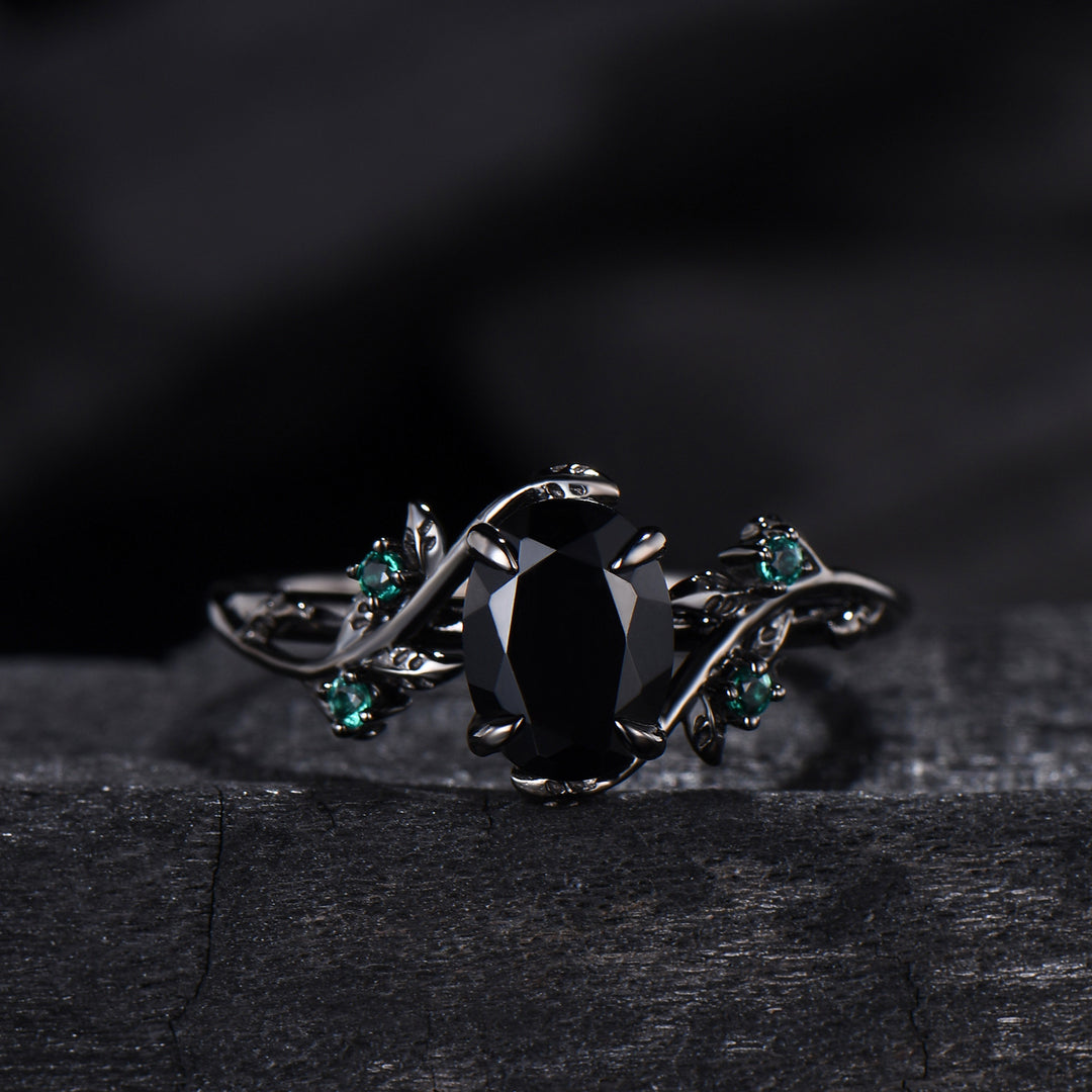 Unique gothic black gold onyx engagement ring set leaf nature inspired emerald wedding ring set twig vine marquise moss agate bridal set