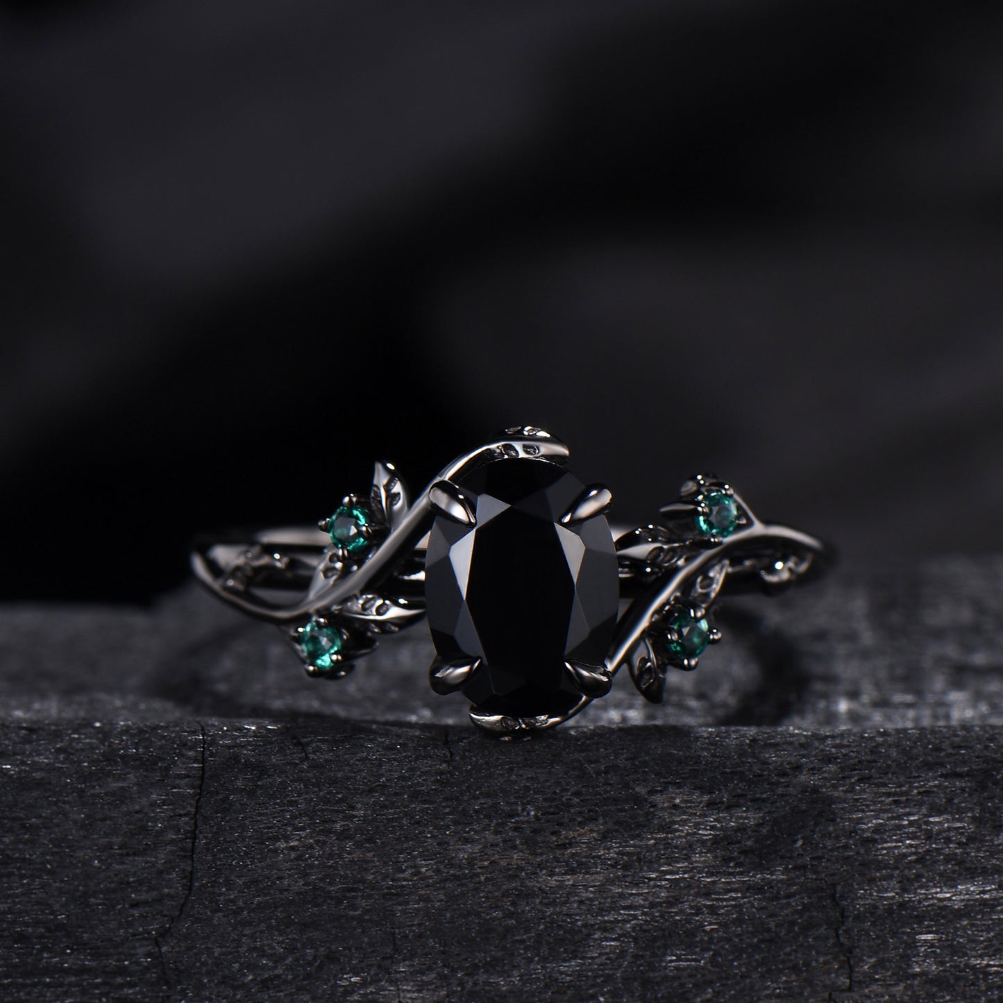 Unique gothic black gold onyx engagement ring set leaf nature inspired emerald wedding ring set twig vine marquise moss agate bridal set