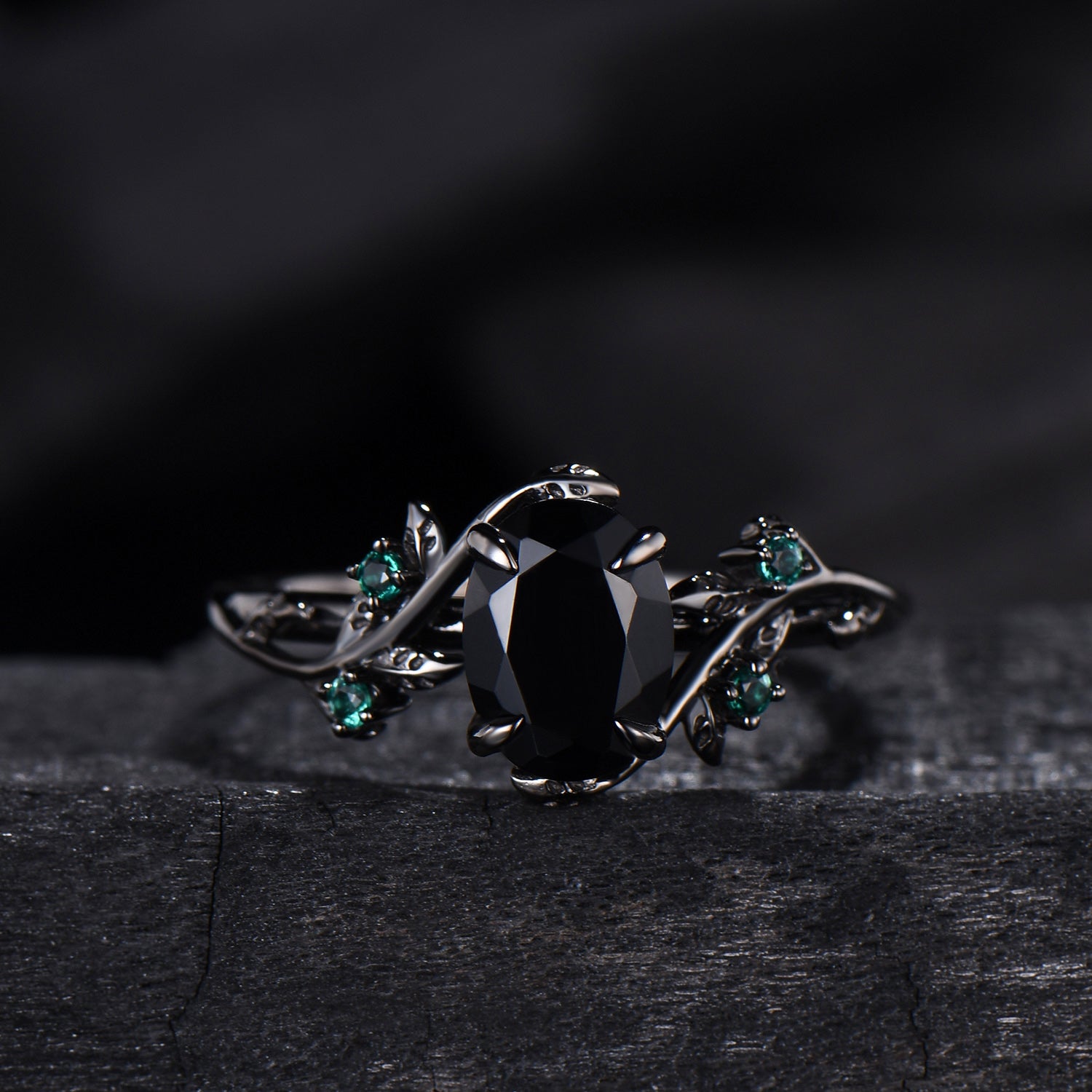 Unique gothic black gold onyx engagement ring set leaf nature inspired emerald wedding ring set twig vine marquise moss agate bridal set