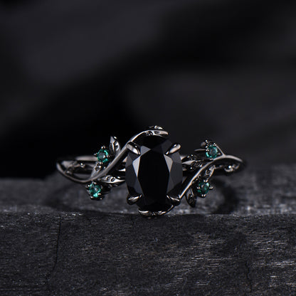 Unique gothic black gold onyx engagement ring set leaf nature inspired emerald wedding ring set twig vine marquise moss agate bridal set