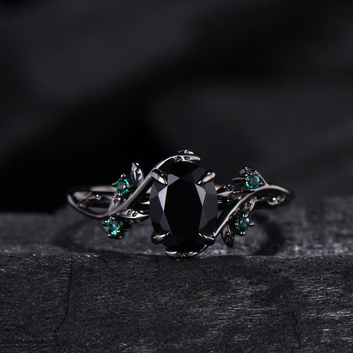 Unique gothic black gold onyx engagement ring set leaf nature inspired emerald wedding ring set twig vine marquise moss agate bridal set
