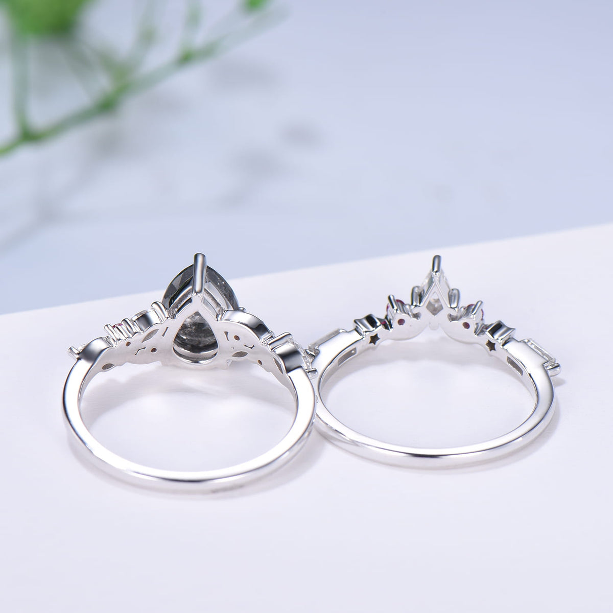Pear Cut Salt and Pepper Diamond Engagement Ring Set with Ruby Accents & Moon Star Matching Band