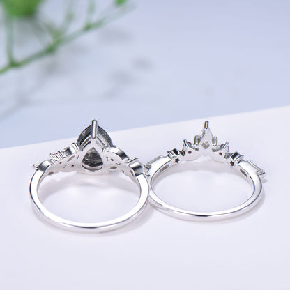Pear Cut Salt and Pepper Diamond Engagement Ring Set with Ruby Accents & Moon Star Matching Band