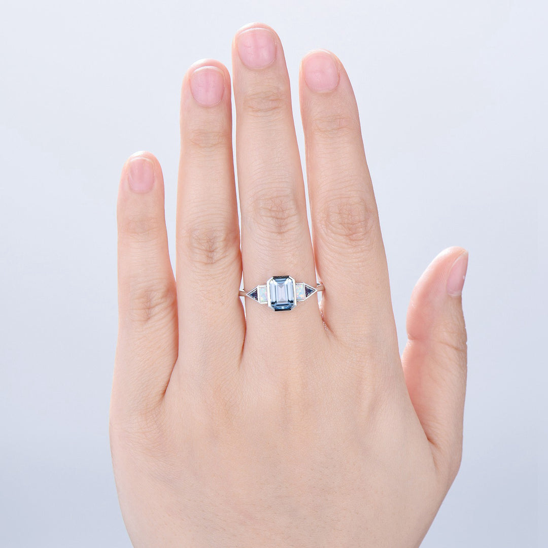 Bezel Set Emerald Cut Aquamarine Engagement Ring Five Stone Baguette Opal & Trillian Alexandrite Wedding Band - PENFINE