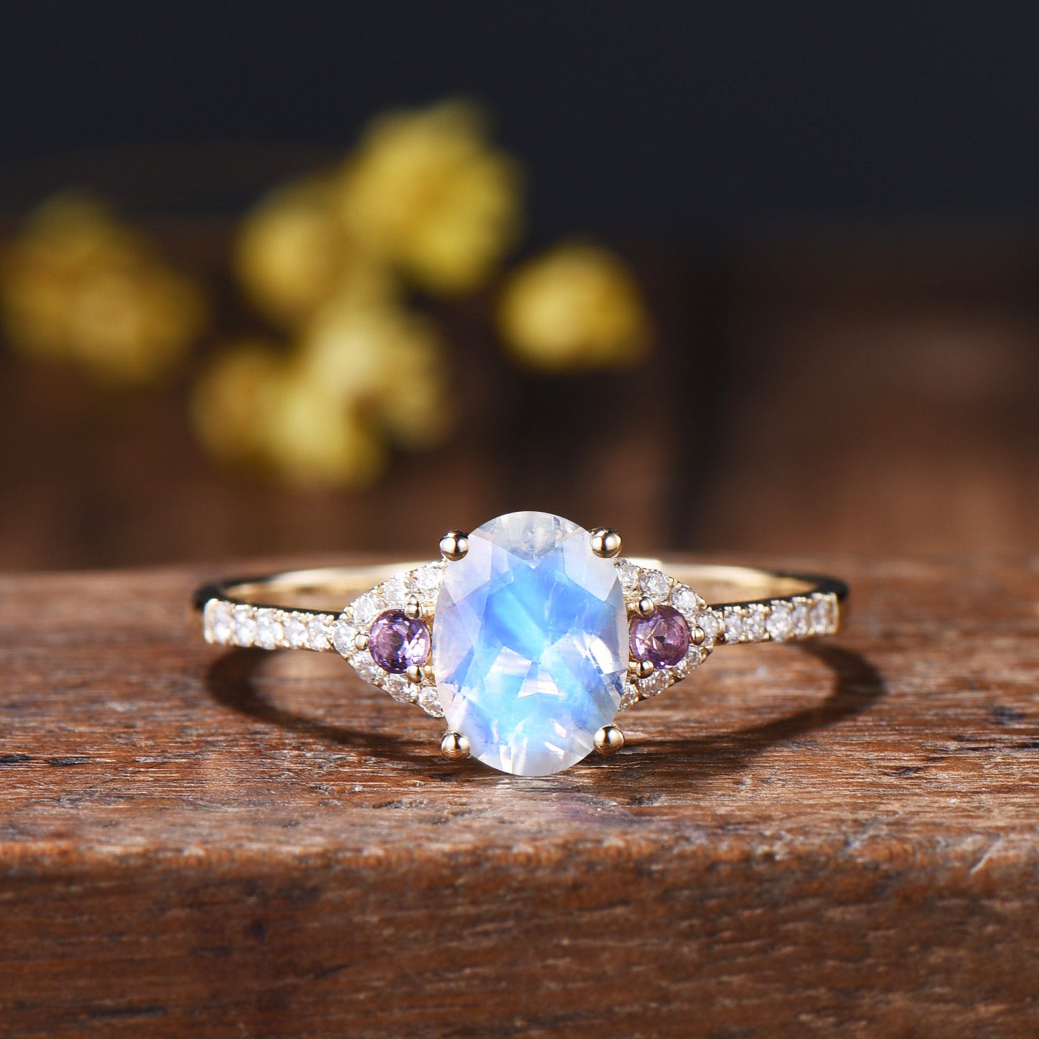 Vintage Moonstone Engagement Ring Set: 14K Gold, Amethyst Bridal Band