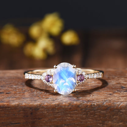 Vintage Moonstone Engagement Ring Set: 14K Gold, Amethyst Bridal Band