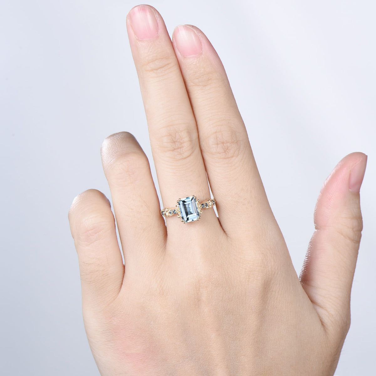 Retro Emerald Cut Aquamarine Ring Vintage Aquamarine Engagement Ring unique 8 prong blue topaz wedding Band Ring Anniversary Gift For Women