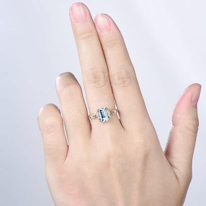 Retro Emerald Cut Aquamarine Ring Vintage Aquamarine Engagement Ring unique 8 prong blue topaz wedding Band Ring Anniversary Gift For Women