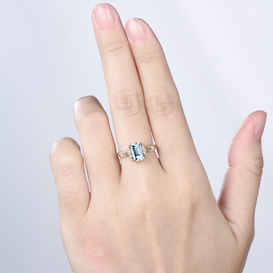 Retro Emerald Cut Aquamarine Ring Vintage Aquamarine Engagement Ring unique 8 prong blue topaz wedding Band Ring Anniversary Gift For Women