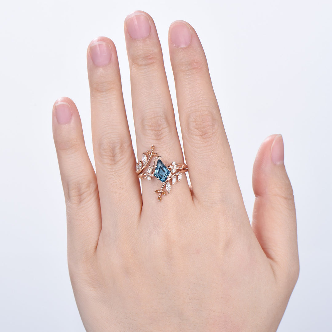 Unique gothic kite cut London blue topaz engagement ring set cluster diamond engagement ring leaf vine nature inspired citrine wedding set - PENFINE