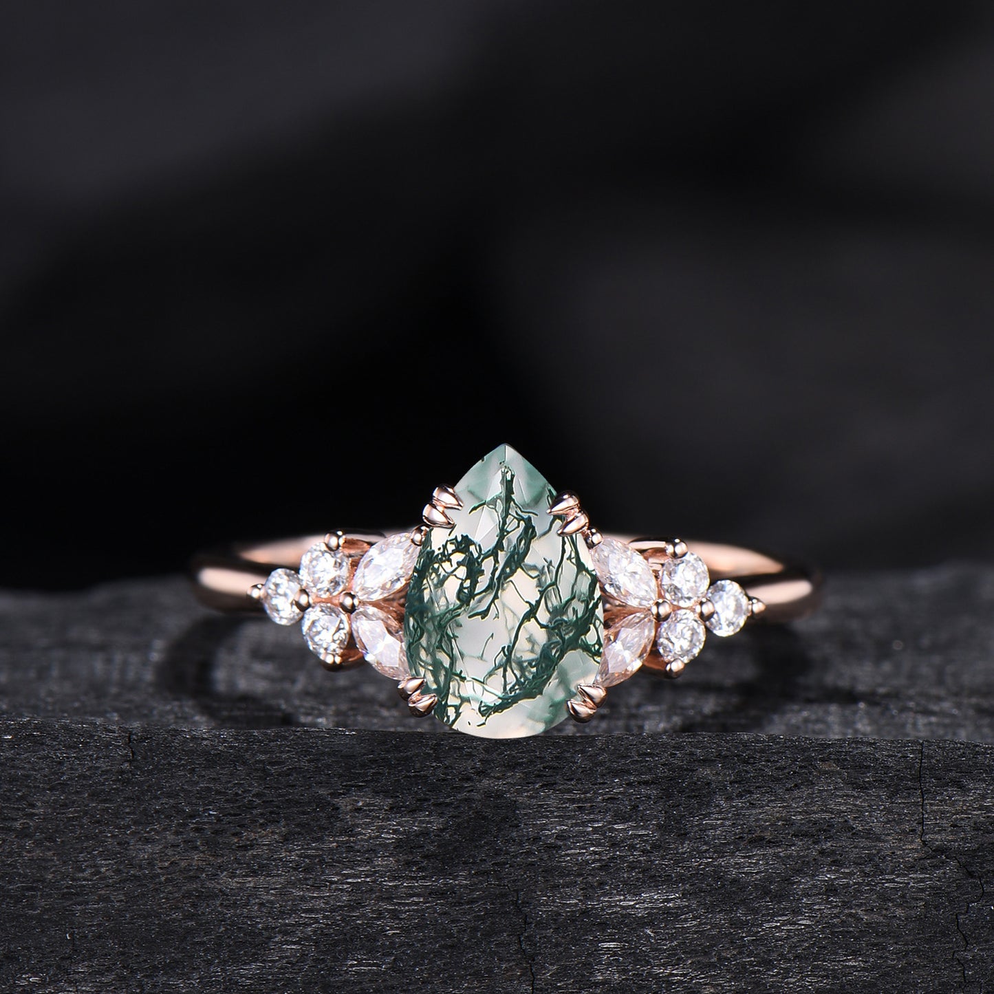 vintage pear shaped moss agate engagement ring floral 6x9mm green agate moissanite wedding set art deco leaf vine alexandrite stacking band - PENFINE