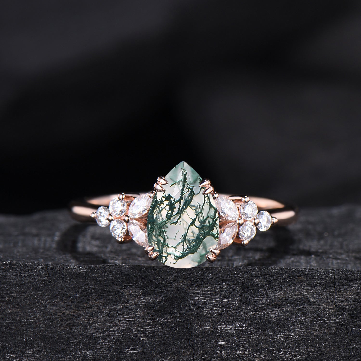 vintage pear shaped moss agate engagement ring floral 6x9mm green agate moissanite wedding set art deco leaf vine alexandrite stacking band - PENFINE