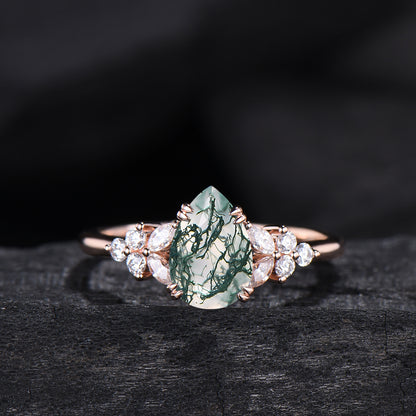 vintage pear shaped moss agate engagement ring floral 6x9mm green agate moissanite wedding set art deco leaf vine alexandrite stacking band - PENFINE