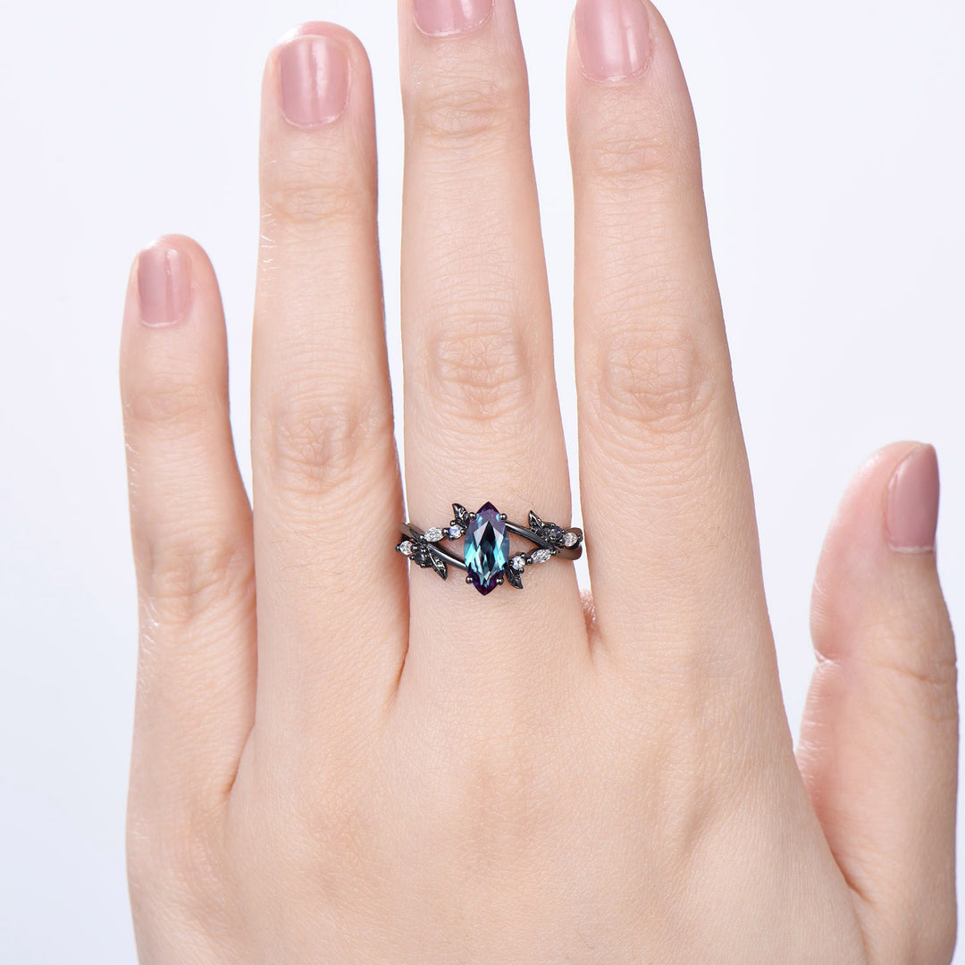 Unique Black Gold Alexandrite Ring Natural Inspired Gothic Marquise Cut Engagement Ring Leaves  Cluster Moonstone Split Shank Wedding Ring - PENFINE
