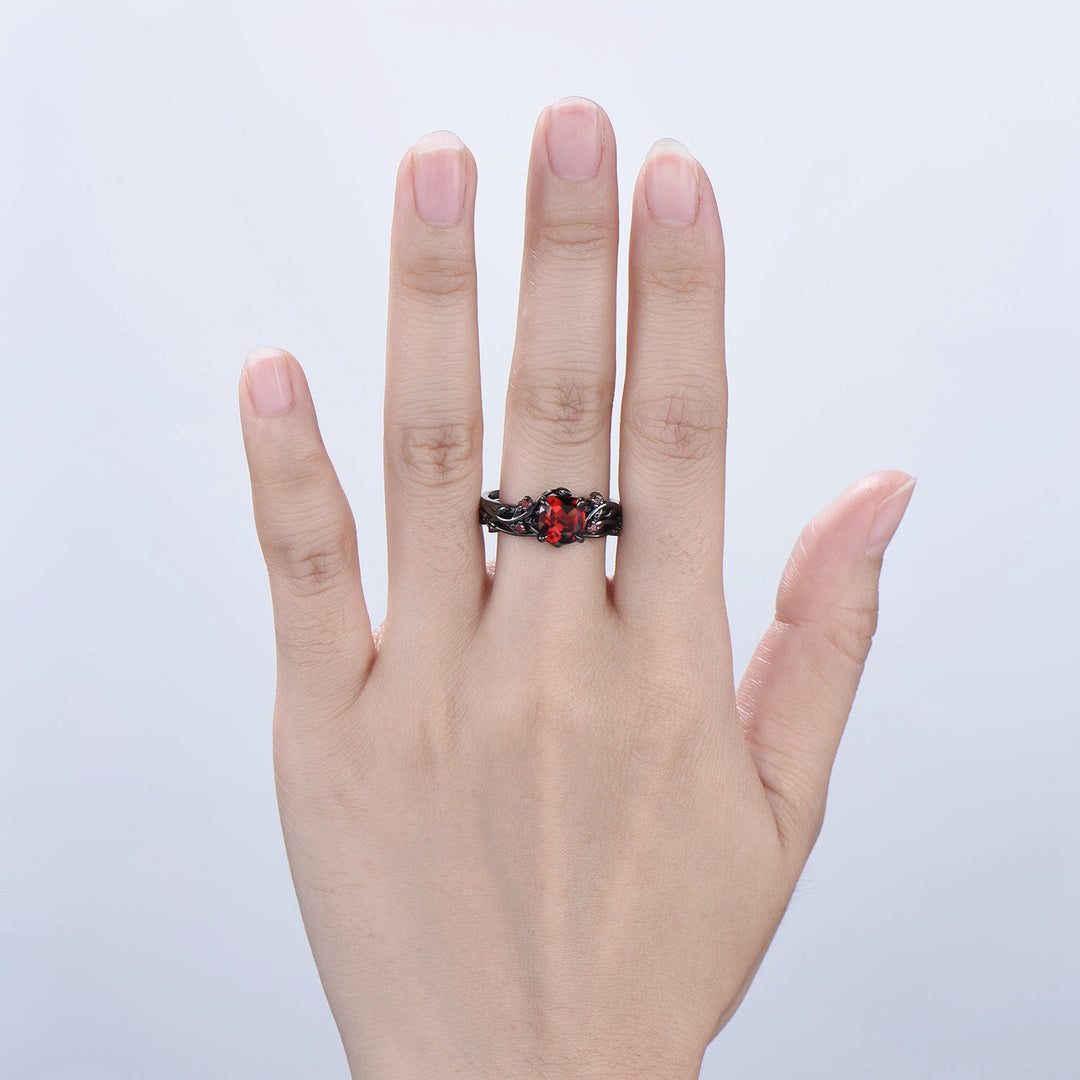 Unique gothic cushion cut garnet wedding ring set black gold natural inspired January birthstone engagement ring for women 2pcs bridal set - PENFINE