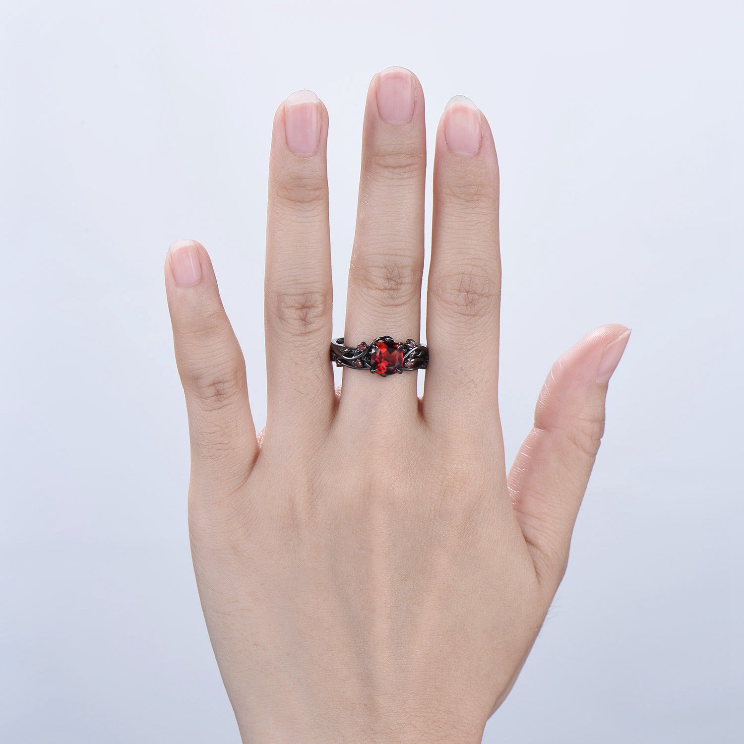 Unique gothic cushion cut garnet wedding ring set black gold natural inspired January birthstone engagement ring for women 2pcs bridal set - PENFINE